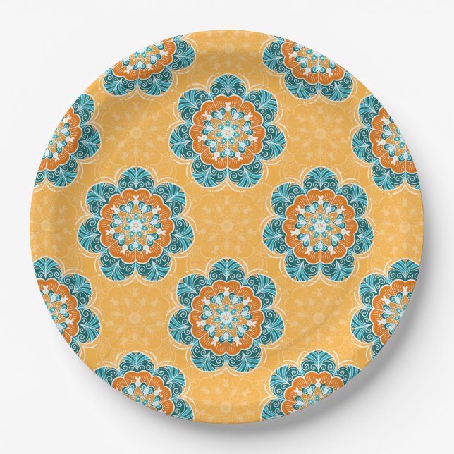 Floral Mandala Tile in Orange & Aquamarin Pappteller (Vorderseite)