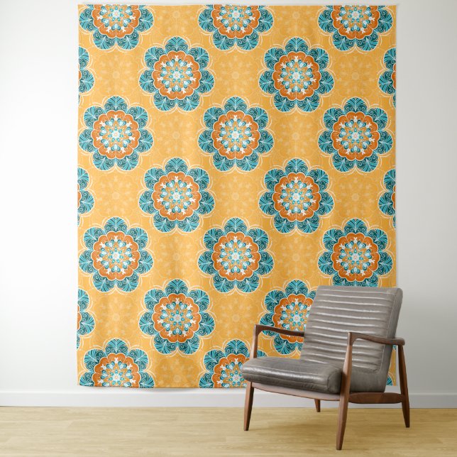 Floral Mandala Tile in Orange & Aquamarin Wandteppich (Beispiel)