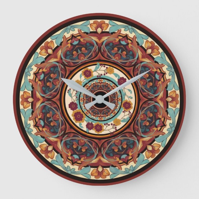 Floral Mandala Wall Clock Große Wanduhr (Vorderseite)