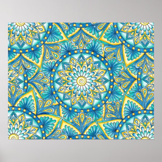 Floral Mandala Yellow Blue Türkise Muster Poster (Vorne)