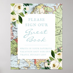 Floral Map Travel Theme Gästebuchunterschrift Poster