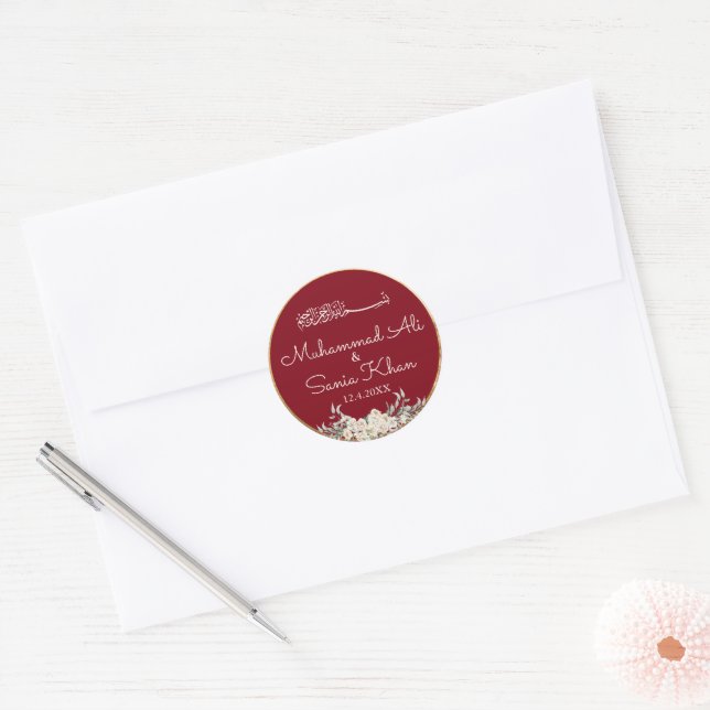 Floral Maroon und Gold Islamische Hochzeit Runder Aufkleber (Umschlag)