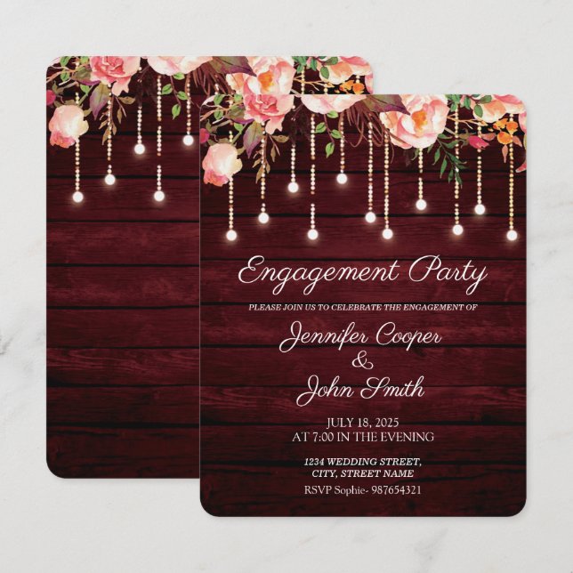 Floral Maroon Wood Rustic Engagement Party Einladung (Vorne/Hinten)