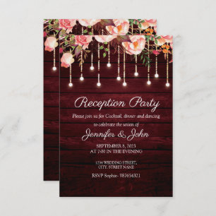 Floral Maroon Wood Rustic Wedding Reception Party Einladung