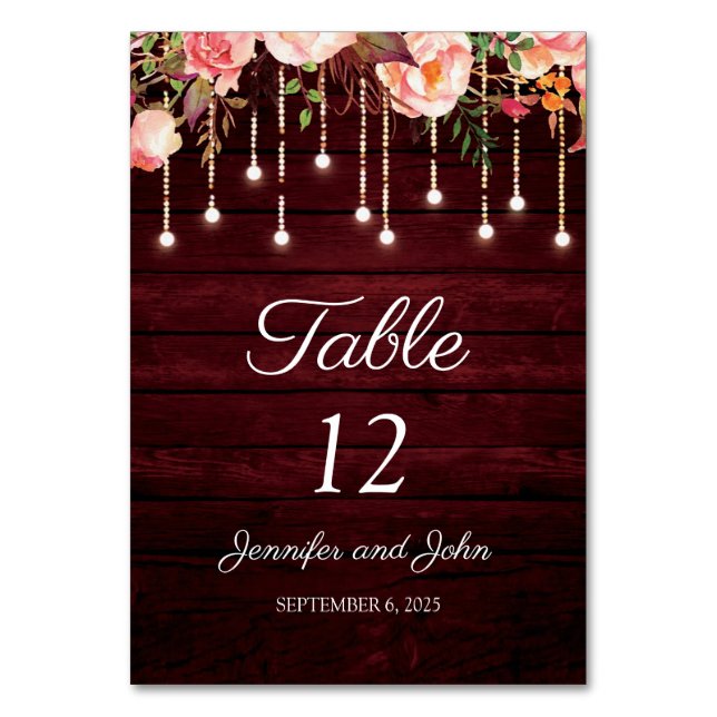 Floral Maroon Wooden Rustikale Hochzeit Tischnummer (Vorderseite)