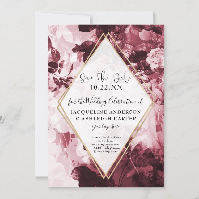 Floral Marsala Red Gold Geometric w Script Save The Date (Vorderseite)