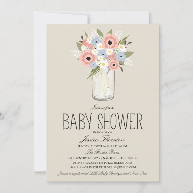 Floral Mason Jar Baby Shower Einladung (Vorderseite)