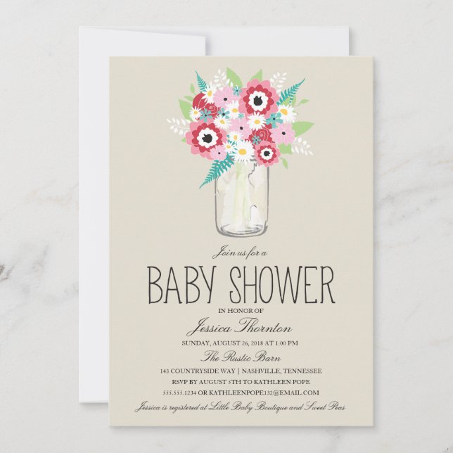 Floral Mason Jar Baby Shower Einladung (Vorderseite)
