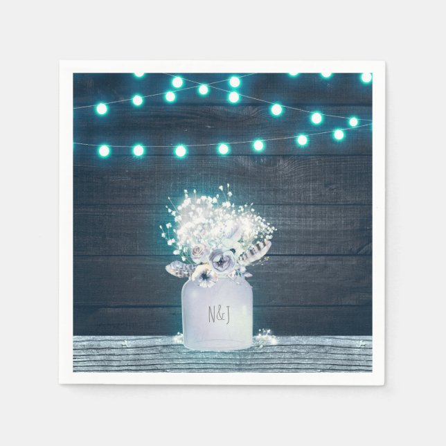 Floral Mason Jar & Blue Lights Rustikale Hochzeit Serviette (Vorderseite)
