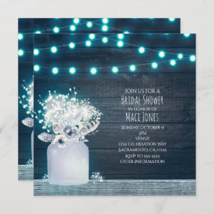 Floral Mason Jar Blue Lights Rustikale Winterbrida Einladung
