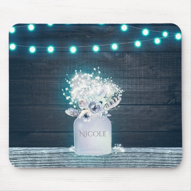 Floral Mason Jar & Blue String Lights Rustikal Mousepad (Vorne)