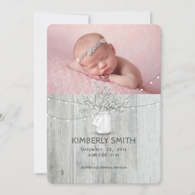 Floral Mason Jar Rustic Newborn Baby Foto Birth Ankündigung (Vorderseite)