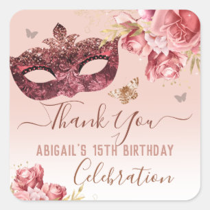 Floral Masquerade Pink Happy 15. Geburtstag Quadratischer Aufkleber