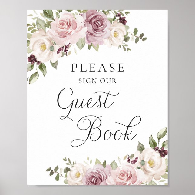 Floral Mauve Blush Elegant Wedding Guest Book Poster (Vorne)