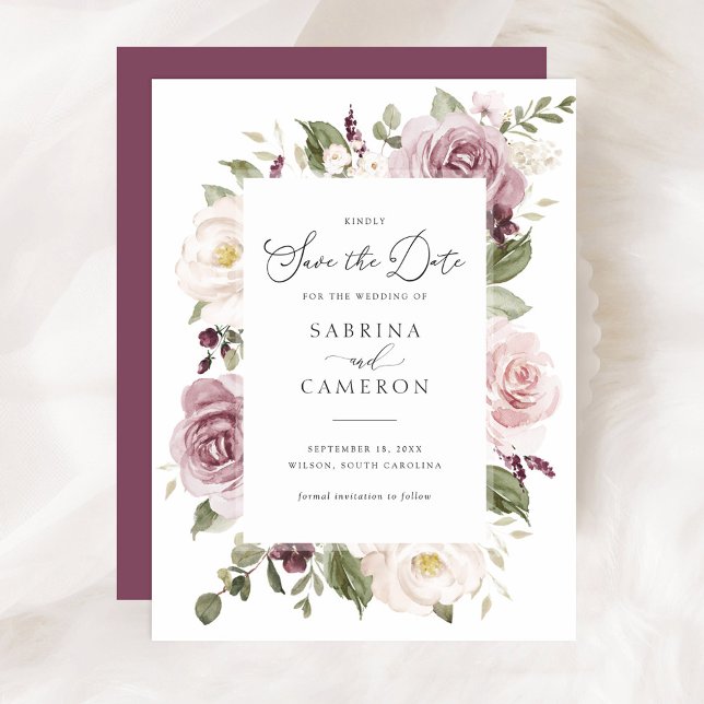 Floral Mauve Blush Elegante Hochzeit Save the Date Einladung (Von Creator hochgeladen)