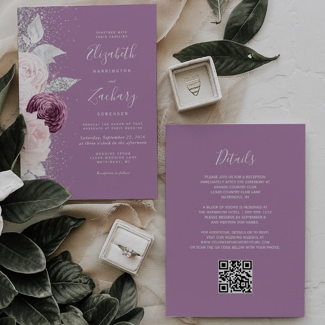 Floral Mauve Blush Silver Glitzer QR Code Hochzeit Einladung (Von Creator hochgeladen)