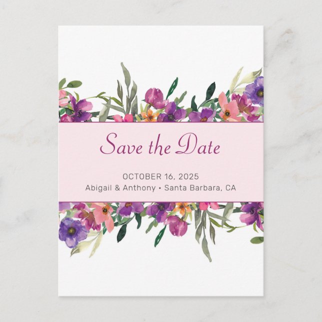 Floral Mauve Botanische Wasserfarbe Save the Date Ankündigungspostkarte (Vorderseite)