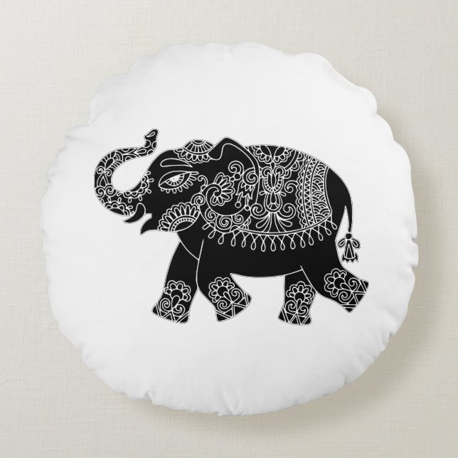Floral Mehedi Elephant Rundes Kissen (Vorderseite)