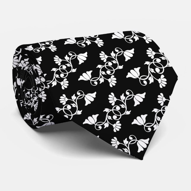 Floral Men's Black and White Neck Tie Krawatte (Gerollt)