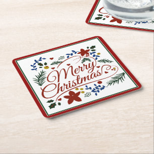 Floral Merry Christmas Square Paper Untersetzer