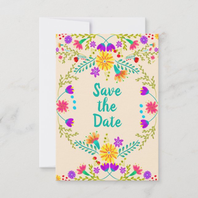 Floral Mexican Fiesta & Papel Picado - Champagner Save The Date (Vorderseite)