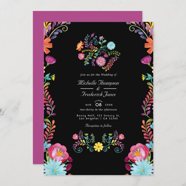 Floral Mexican Fiesta QR Code UAWG Wedding Einladung (Vorne/Hinten)