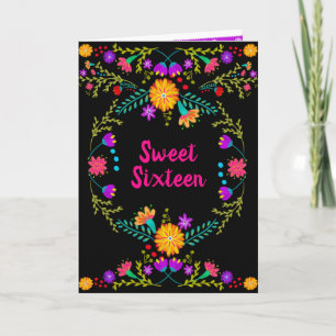 Floral Mexican Fiesta Schwarz und Rosa Sweet 16 Einladung