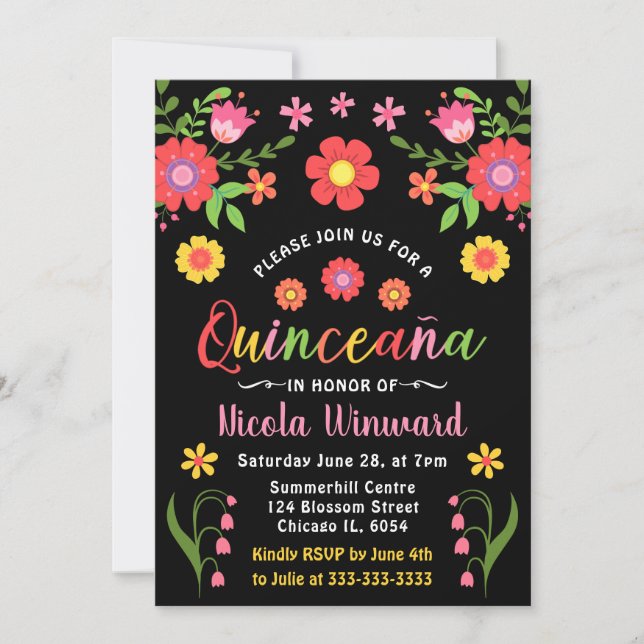 Floral mexikanische Fiesta Quinceañera Einladung (Vorderseite)