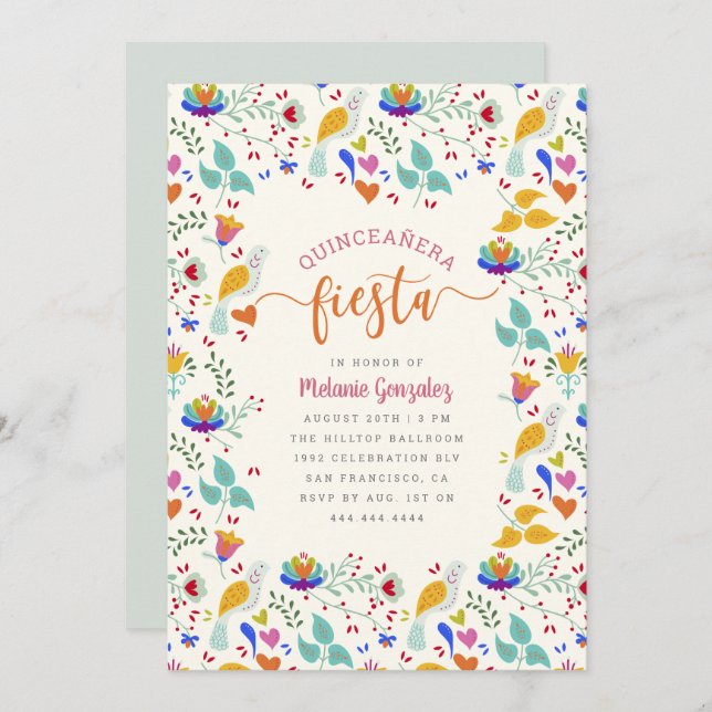 Floral mexikanische Stickerei Quinceñera Fiesta Einladung (Vorne/Hinten)