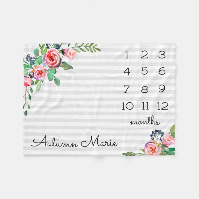Floral Milestone Baby Blanket Fleecedecke (Vorderseite (Horizontal))