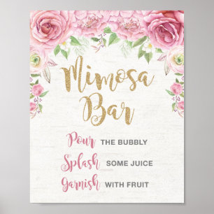 Floral Mimosa Bar Sign Pink Gold Blume Hochzeit Poster