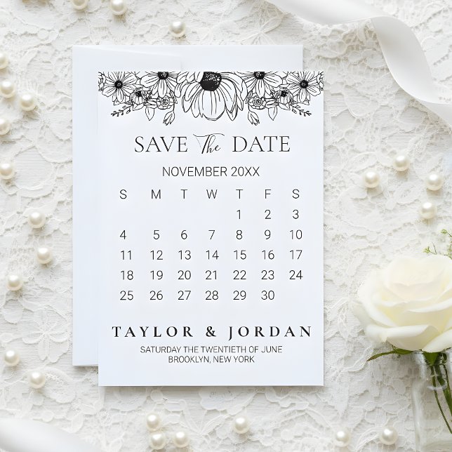 Floral Minimalist Botanical Calendar Wedding  Save The Date (Von Creator hochgeladen)