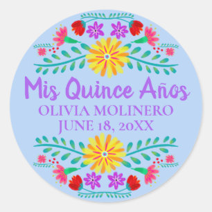 Floral Mis Quince Anos Light Blue Mexican Fiesta Runder Aufkleber