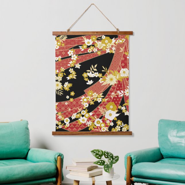 Floral Mix Kimono Muster Wandteppich Mit Holzrahmen (Wohnzimmer)