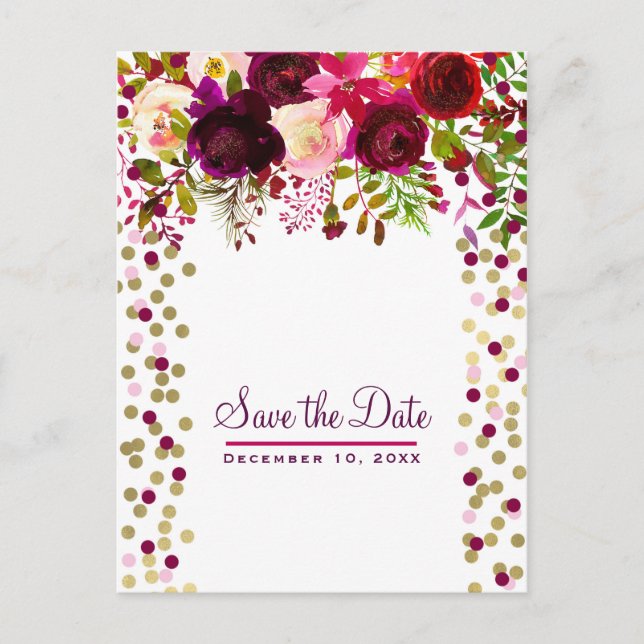 Floral Modern Gold Burgundy Bold Save the Date Ankündigungspostkarte (Vorderseite)