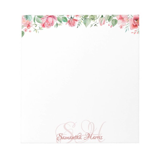 Floral Modern Monogram Blume Individuelle Name Not Notizblock (Vorderseite)