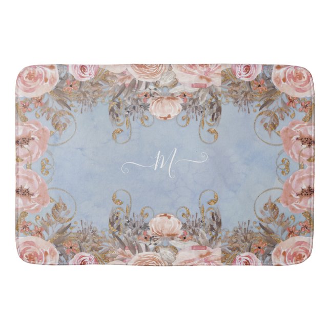 Floral Modernes Vintages Blaues Rosenwasser Badematte (Vorderseite)