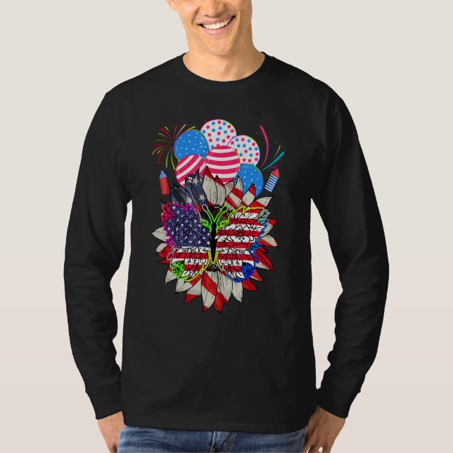 Floral Monarch Butterfly American Flag 4th Of July T-Shirt (Vorderseite)