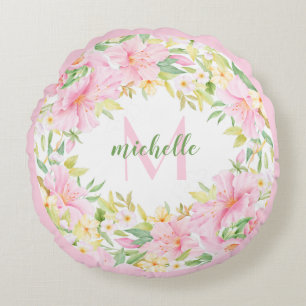 Floral Monogram Botancolor Botanisch Pink Green Rundes Kissen