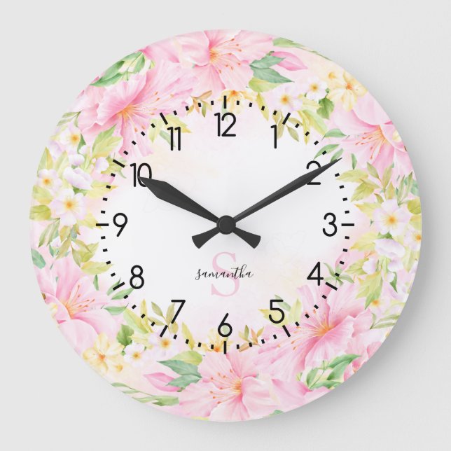 Floral Monogram, Botanfarbener Rosa Große Wanduhr (Vorderseite)
