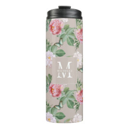 Floral Monogram Butterflies Elegante Custom Taupe Thermosbecher