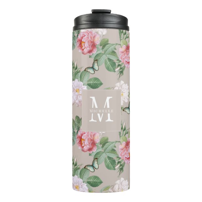 Floral Monogram Butterflies Elegante Custom Taupe Thermosbecher (Vorderseite)