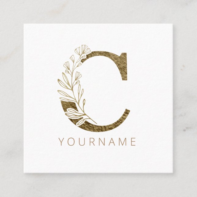 Floral Monogram C Elegant Gold Foliage Quadratische Visitenkarte (Vorderseite)