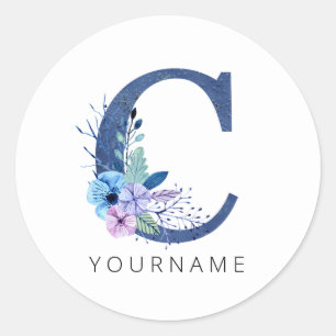 Floral Monogram C Winter Blue Blossoms Runder Aufkleber