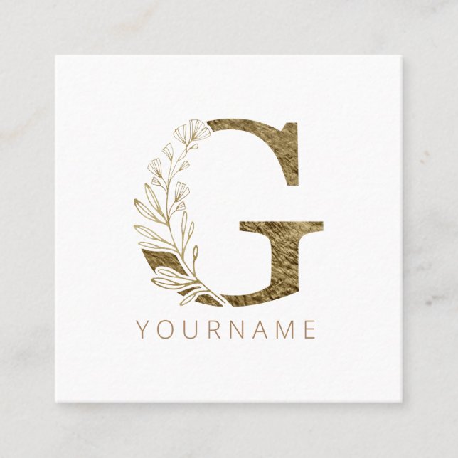 Floral Monogram G Elegant Gold Foliage Quadratische Visitenkarte (Vorderseite)