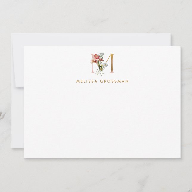 Floral Monogram Gold Letter M Note Card Mitteilungskarte (Vorderseite)