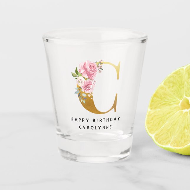 Floral Monogram Happy Birthday Personalisiert Name Schnapsglas (Vorderseite)