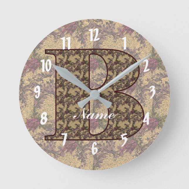 Floral Monogram Initial B Your Name Elegant Runde Wanduhr (Vorderseite)