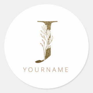 Floral Monogram J Elegant Gold Foliage Runder Aufkleber