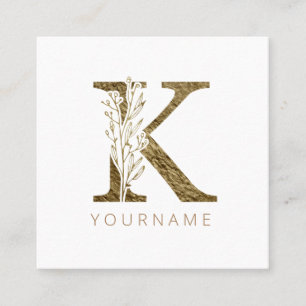 Floral Monogram K Elegant Gold Foliage Quadratische Visitenkarte